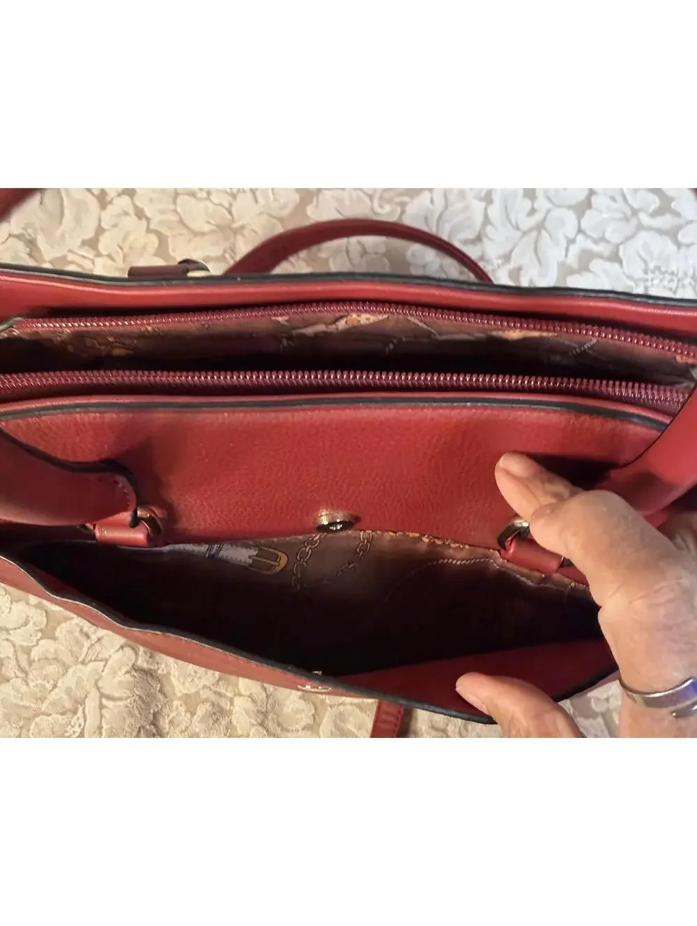 PURSE Red Faux Leather Tote Bag with Gold Accents